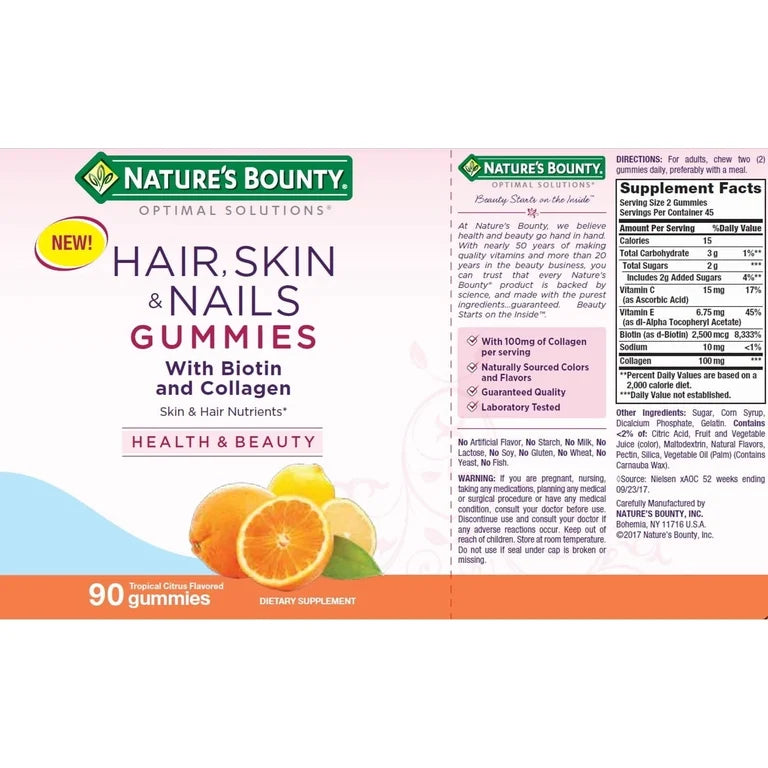 Nature’s Bounty Hair Skin & Nails avec Collagène, goût Agrumes tropicaux, 90 Gummies