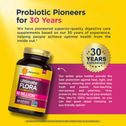 RenewLife Ultimate Flora Women's Complete Probiotics | Probiotiques pour femmes | 90 Billion, 60 gélules à libération prolongée