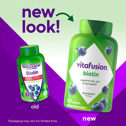 Vitafusion Extra Strength Biotin Gummies, 5000 mcg, Blueberry Flavor, 100 Gummies