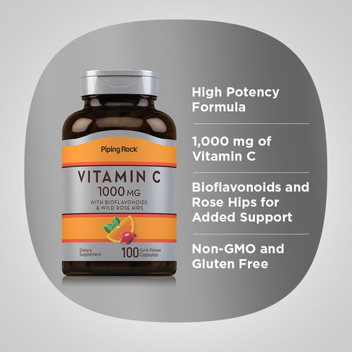 PipingRock Vitamin C + Rose Hips, 1000mg, 100 Tablets