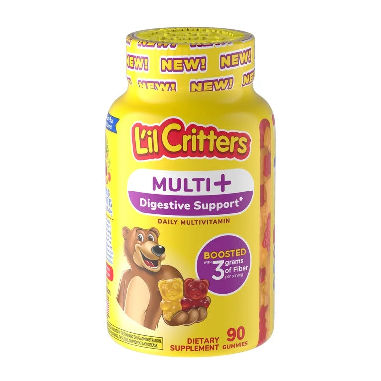 Lil Critters Soutien multivitaminé + digestif, Gummies multivitaminées quotidiens, Goût Cerise tendre à mâcher, Jus d'orange, 90 gummies