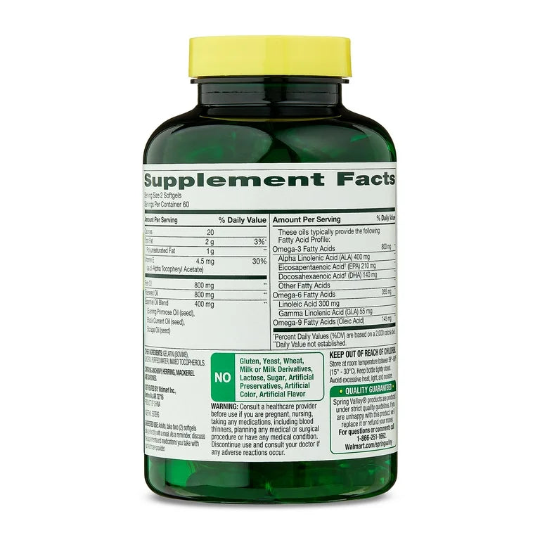 Spring Valley Triple Omega, Fish Oil 800 mg, Flaxseed Oil 800 mg & Borage Oil Softgels, 120 Count