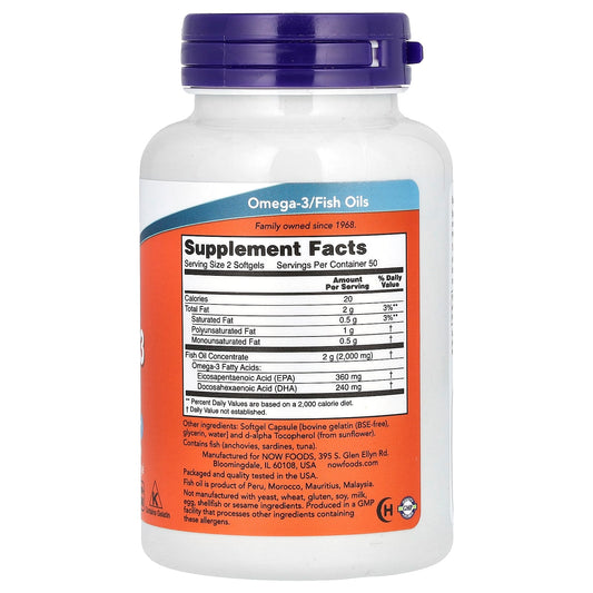 NOW Foods Oméga 3 Fish Oil, 1,000 mg, 180 EPA - 120 DHA, 100 gélules