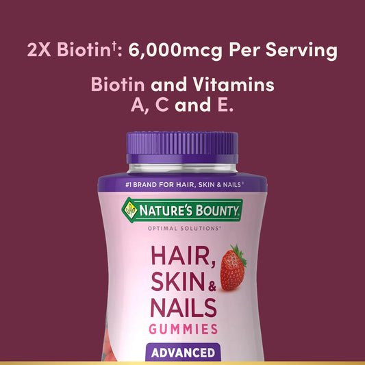 Nature's Bounty Advanced Hair, Skin & Nails Gummies|Biotin 6000mcg, Vitamins A, C, & E|Strawberry Flavored, 90 Gummies