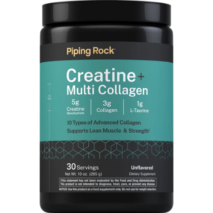 PipingRock Créatine et multi-collagène|10 types de collagène |5g de créatine, 3g de collagène & 1g de L-Taurine|285 grammes