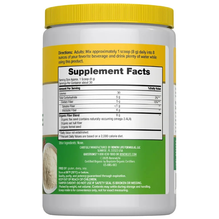 RenewLife Daily Prebiotic Fiber | Organic Prebiotic Fiber Powder for Daily Digestive Health, 241 Grams