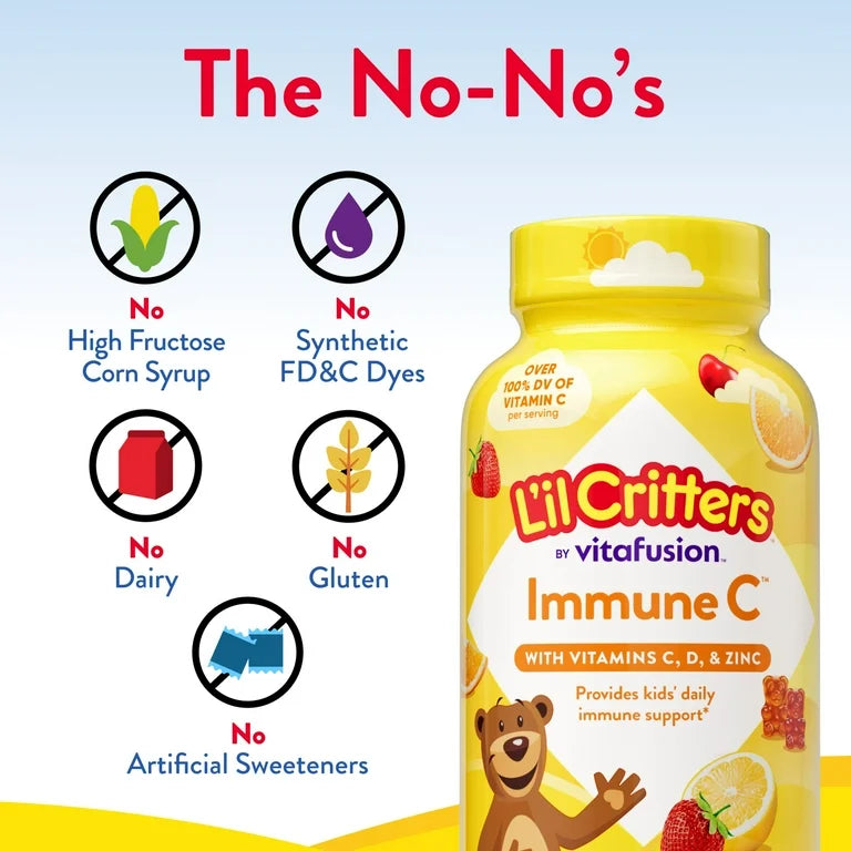 L’il Critters Immune C Multivitamines gummies pour enfants | avec vitamine C, D et le zinc, saveurs orange, citron et cerise, 60 gummies