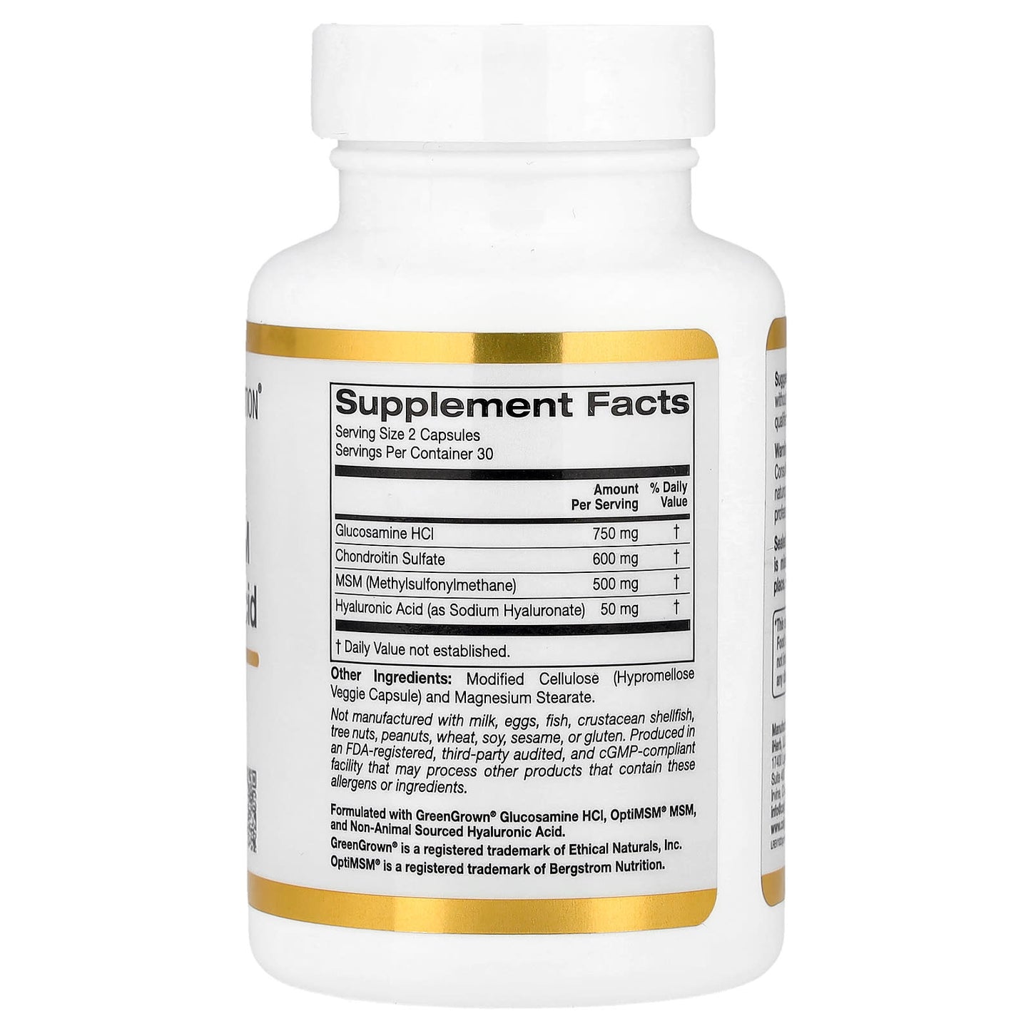California Gold Nutrition Glucosamine, Chondroitine, MSM plus Acide Hyaluronique, 60 gélules