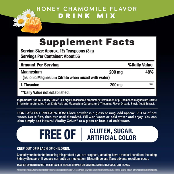 Natural Vitality CALM MIND Magnésium Citrate + L-Theanine en poudre, avec Miel et Chamomile, 168 grammes