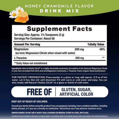 Natural Vitality CALM MIND Magnésium Citrate + L-Theanine en poudre, avec Miel et Chamomile, 168 grammes
