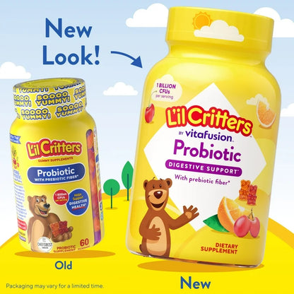 L'il Critters Probiotic with Prebiotic Fiber, Cherry, Orange & Grape Flavors, 1 Billion CFU, 60 Gummies