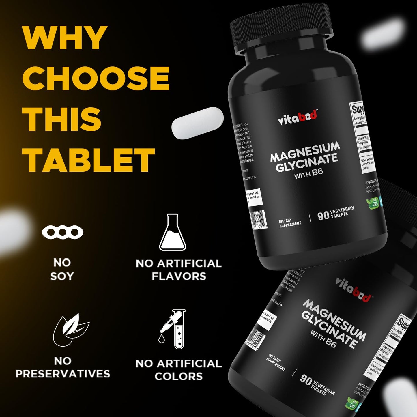 Vitabod Magnésium Glycinate + Vitamine B6|300mg de magnésium élémental, 90 gélules