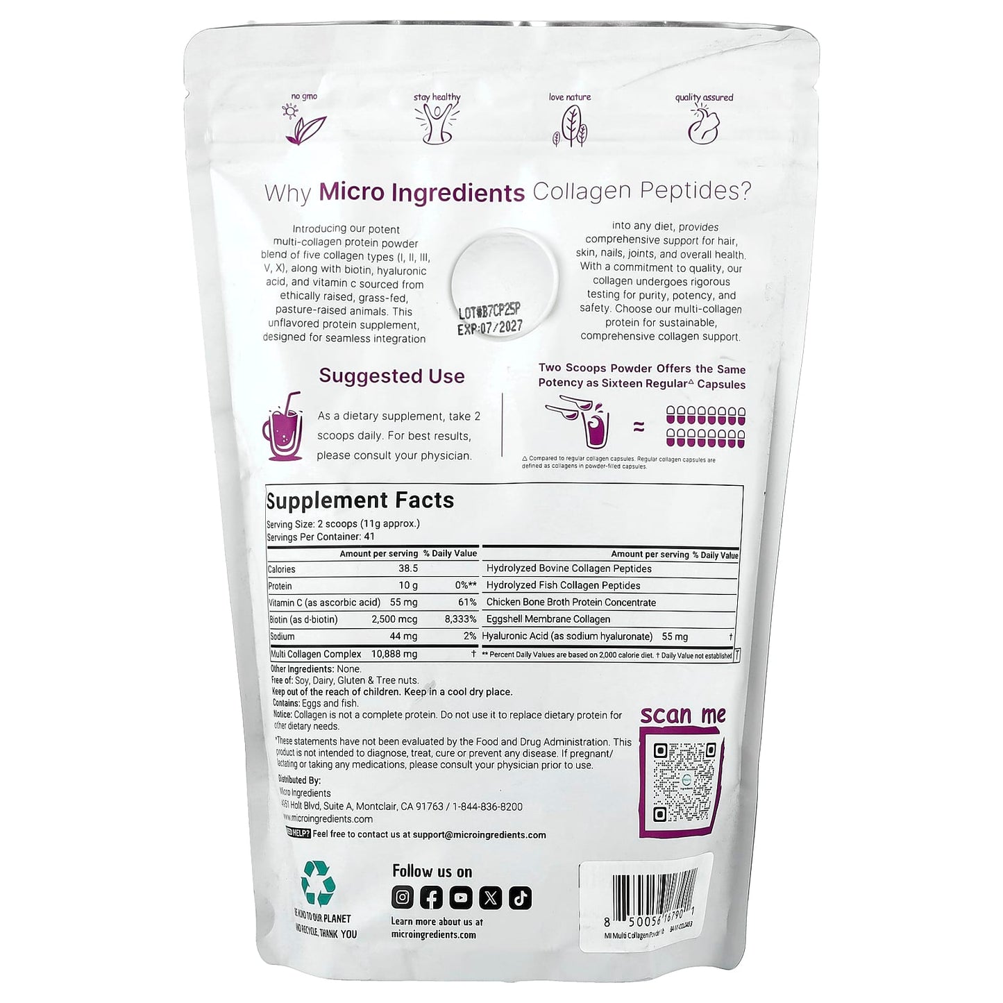 Micro Ingredients Multi Collagen Peptides Powder, Unflavored, (907g)