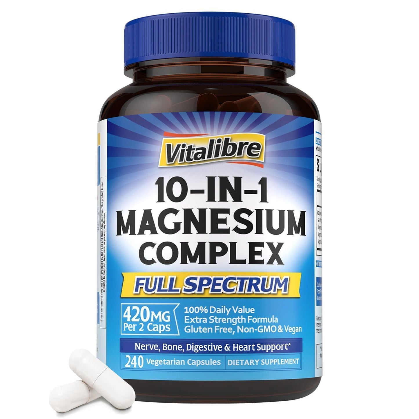 Vitalibre Magnesium Complex 10-in-1, 420 mg Elemental Magnesium | Ultra-Concentrated, Maximum Absorption | Chelated Magnesium Supplement | 120 Capsules
