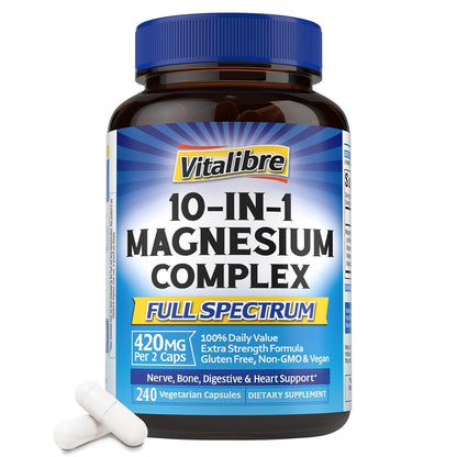 Vitalibre Magnesium Complex 10-in-1, 420 mg Elemental Magnesium | Ultra-Concentrated, Maximum Absorption | Chelated Magnesium Supplement | 120 Capsules