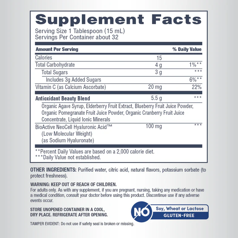 NeoCell Hyaluronic Acid 100 mg with Vitamin C, Liquid, Blueberry Flavor, 473 ml