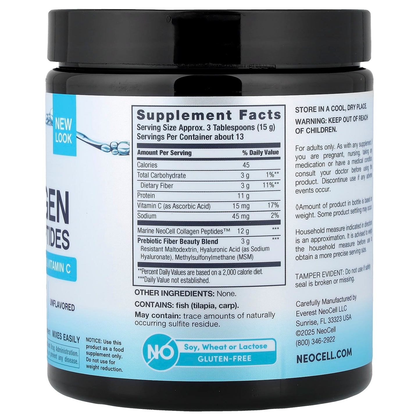Neocell, Peptides de collagène marin + acide hyaluronique, MSM et vitamine C, poudre de 200 g