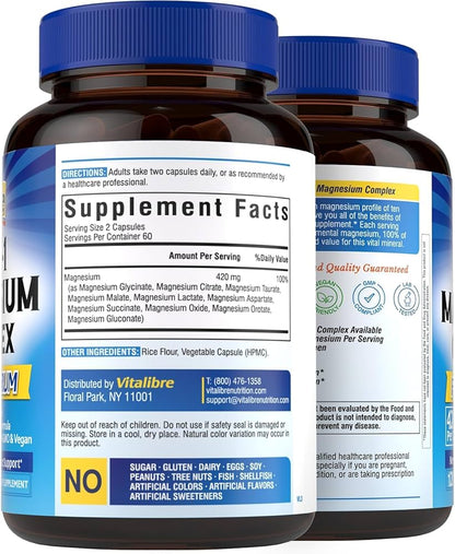 Vitalibre Magnesium Complex 10-in-1, 420 mg Elemental Magnesium | Ultra-Concentrated, Maximum Absorption | Chelated Magnesium Supplement | 120 Capsules