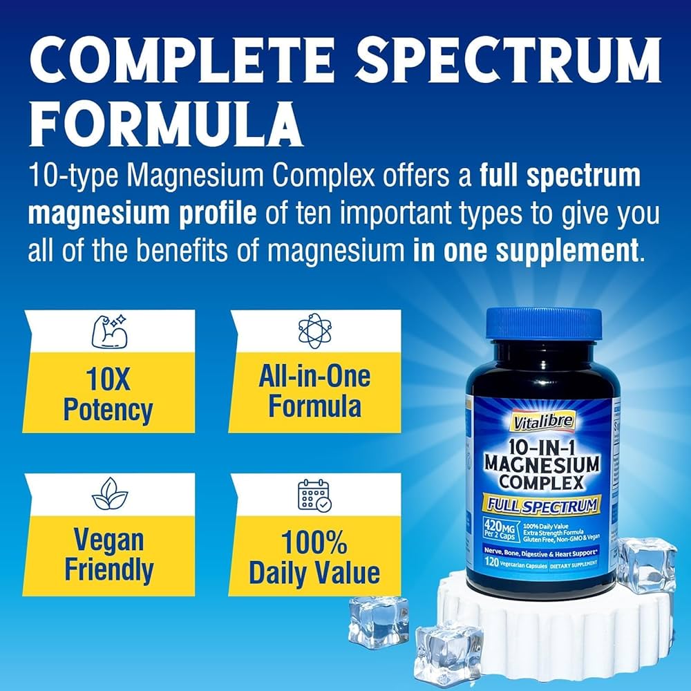 Vitalibre Magnesium Complex 10-in-1, 420 mg Elemental Magnesium | Ultra-Concentrated, Maximum Absorption | Chelated Magnesium Supplement | 120 Capsules