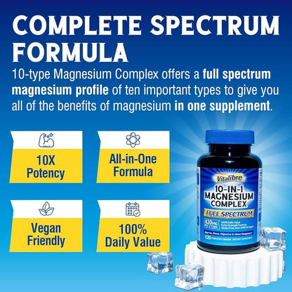 Vitalibre Magnesium Complex 10-in-1, 420 mg Elemental Magnesium | Ultra-Concentrated, Maximum Absorption | Chelated Magnesium Supplement | 120 Capsules