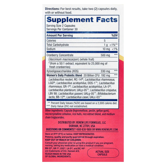 Renew Life Women's Daily 3-in-1 Prebiotics & Probiotics with Cranberry | 20 billion
60 capsules