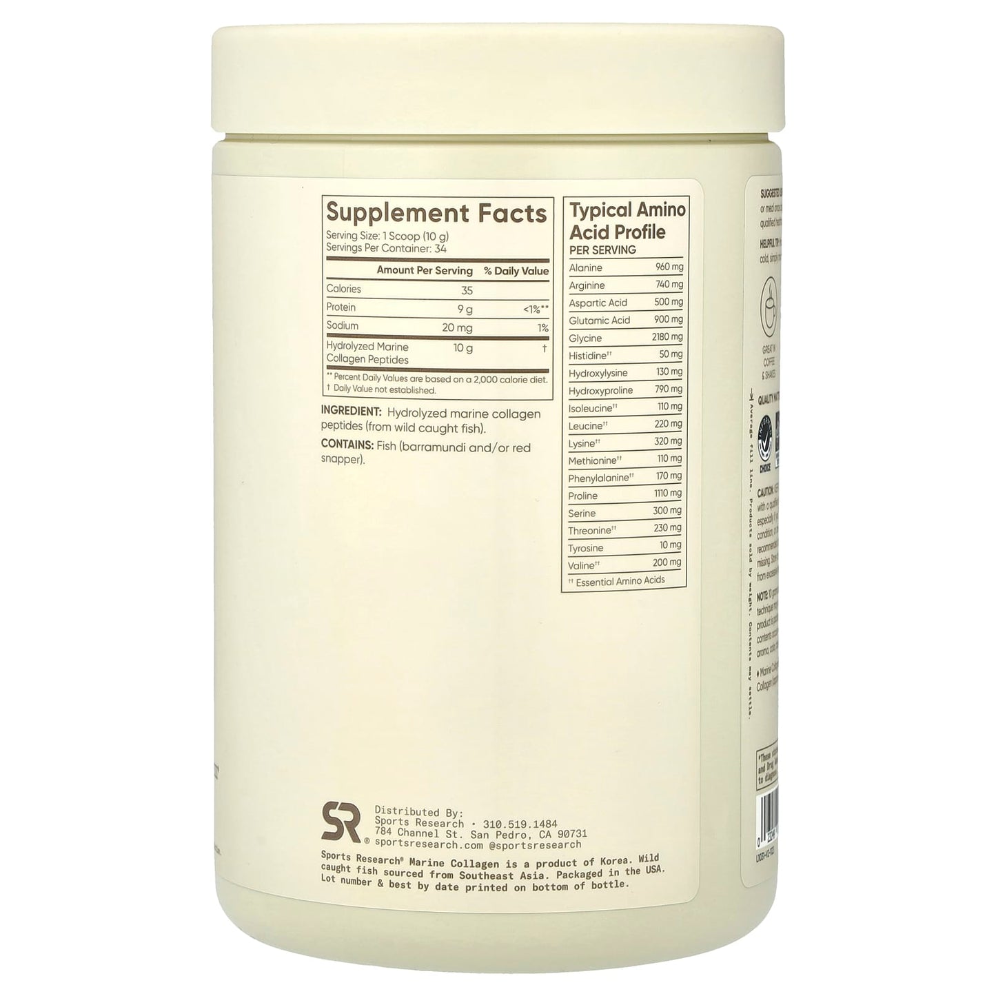 Sports Research, Peptides de collagène marin, Non aromatisé, 340 g