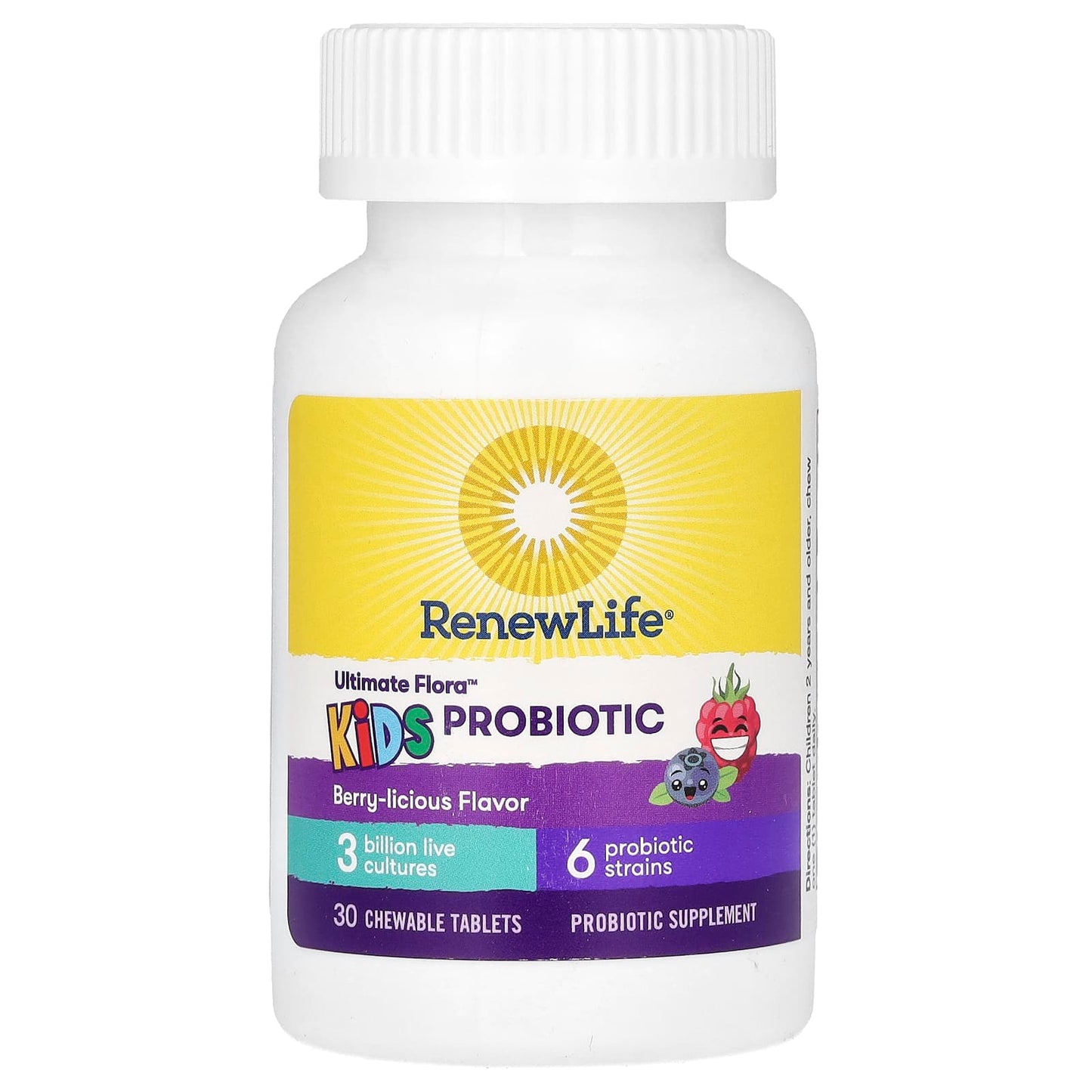 Renew Life Ultimate Flora, Probiotiques pour enfants, Baies délicieuses, 3 billion, 30 comprimés à croquer