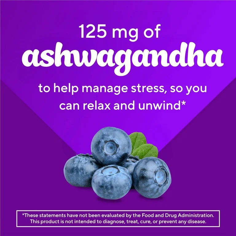 Vitafusion à l'ashwagandha pour le soutien du stress, 125 mg, saveur myrtille, 60 gummies