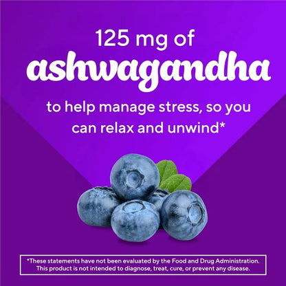 Vitafusion à l'ashwagandha pour le soutien du stress, 125 mg, saveur myrtille, 60 gummies