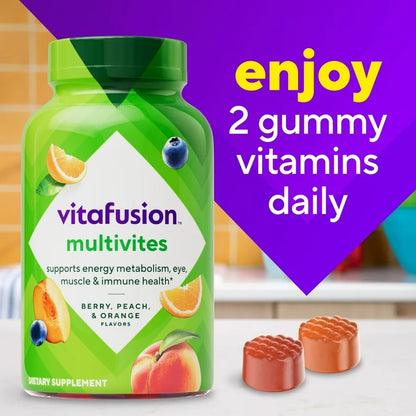 Vitafusion MultiVites pour adultes, Multivitamines saveurs baies, pêche et orange, 70 gummies