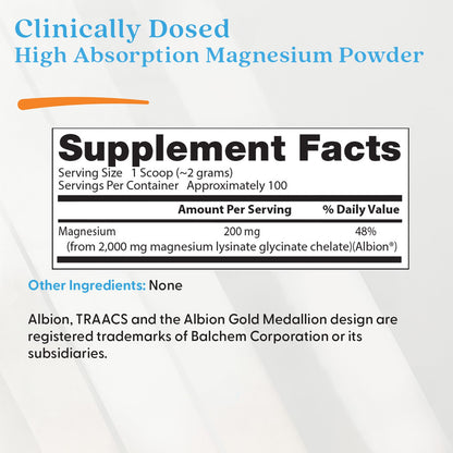 Doctor’s Best Magnésium Lysinate Glycinate en poudre à haute absorption, 100% chelaté, 200 g