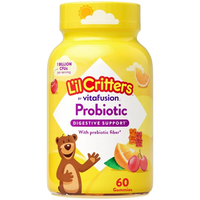 L'il Critters Probiotic with Prebiotic Fiber, Cherry, Orange & Grape Flavors, 1 Billion CFU, 60 Gummies