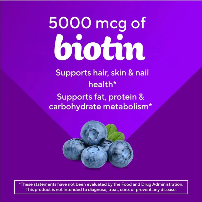Vitafusion Extra Strength Biotin Gummies, 5000 mcg, Blueberry Flavor, 100 Gummies