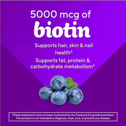 Vitafusion Extra Strength Biotin Gummies, 5000 mcg, Blueberry Flavor, 100 Gummies