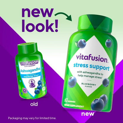 Vitafusion à l'ashwagandha pour le soutien du stress, 125 mg, saveur myrtille, 60 gummies