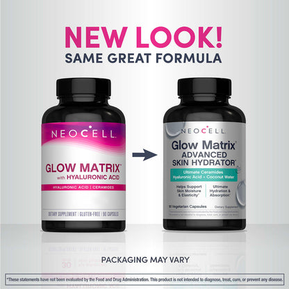 Neocell Glow Matrix Advanced Skin Hydrator | With Hyaluronic Acid, Ceramides, Coconut Water & Antioxidants | 90 capsules