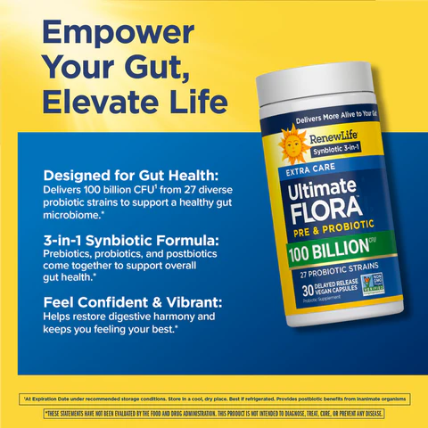 Renew Life Ultimate Flora Extra Care Probiotique 100 billion
30 gélules à libération prolongée
