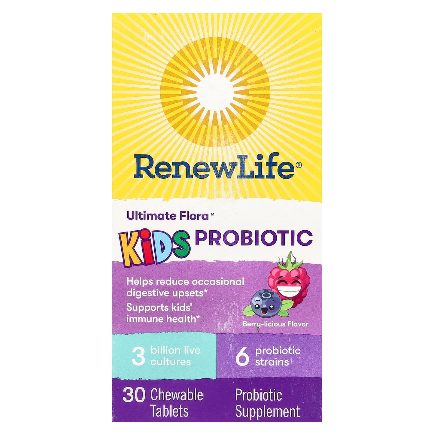 Renew Life Ultimate Flora, Probiotiques pour enfants, Baies délicieuses, 3 billion, 30 comprimés à croquer