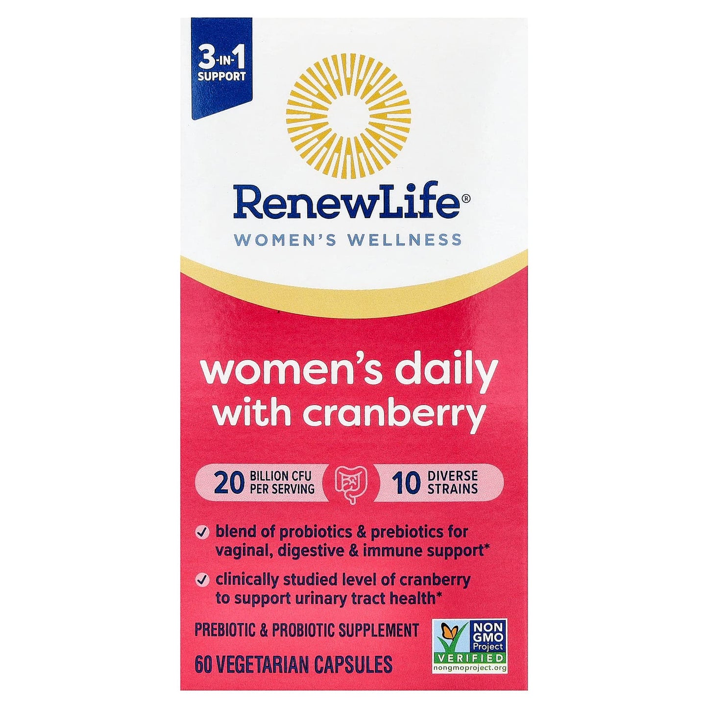 Renew Life Women's Daily 3-in-1 Prebiotics & Probiotics with Cranberry | 20 billion
60 capsules