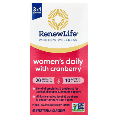 Renew Life Women's Daily 3-in-1 Prebiotics & Probiotics with Cranberry | 20 billion
60 capsules