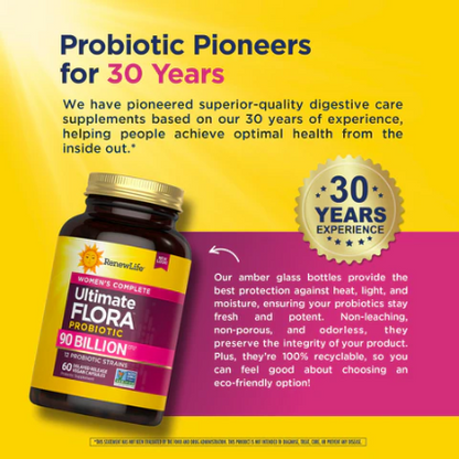 RenewLife Ultimate Flora Women's Complete Probiotics | Probiotiques pour femmes | 90 Billion, 60 gélules à libération prolongée