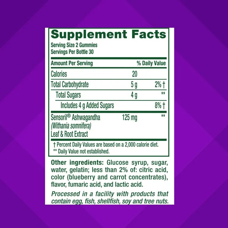 Vitafusion à l'ashwagandha pour le soutien du stress, 125 mg, saveur myrtille, 60 gummies