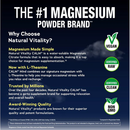 Natural Vitality CALM MIND Magnésium Citrate + L-Theanine en poudre, avec Miel et Chamomile, 168 grammes