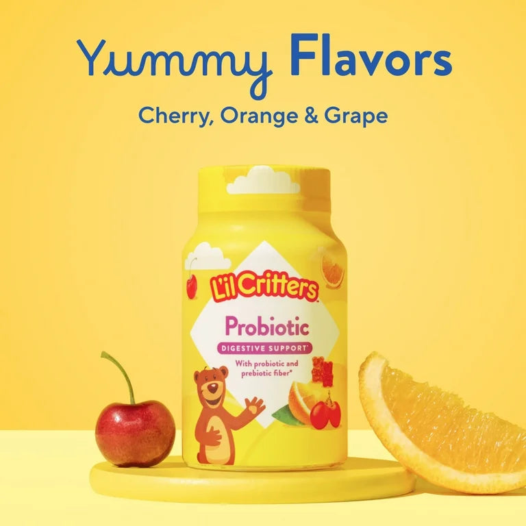 L'il Critters Probiotic with Prebiotic Fiber, Cherry, Orange & Grape Flavors, 1 Billion CFU, 60 Gummies