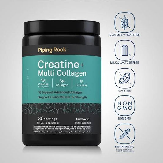 PipingRock Creatine and Multi-Collagen|10 Types of Collagen|5g Creatine, 3g Collagen & 1g L-Taurine|285 Grams