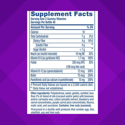 Vitafusion Vitamines FiberWell Fit, fibres Sans sucre, à la pêche, à la framboise et aux baies, 90 gummies