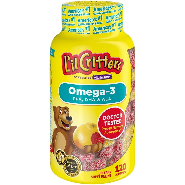Lil Critters Omega-3 Kids Gummies, 3 Fatty Acids, DHA, EPA & ALA, Delicious Citrus Flavors, 120 Gummies