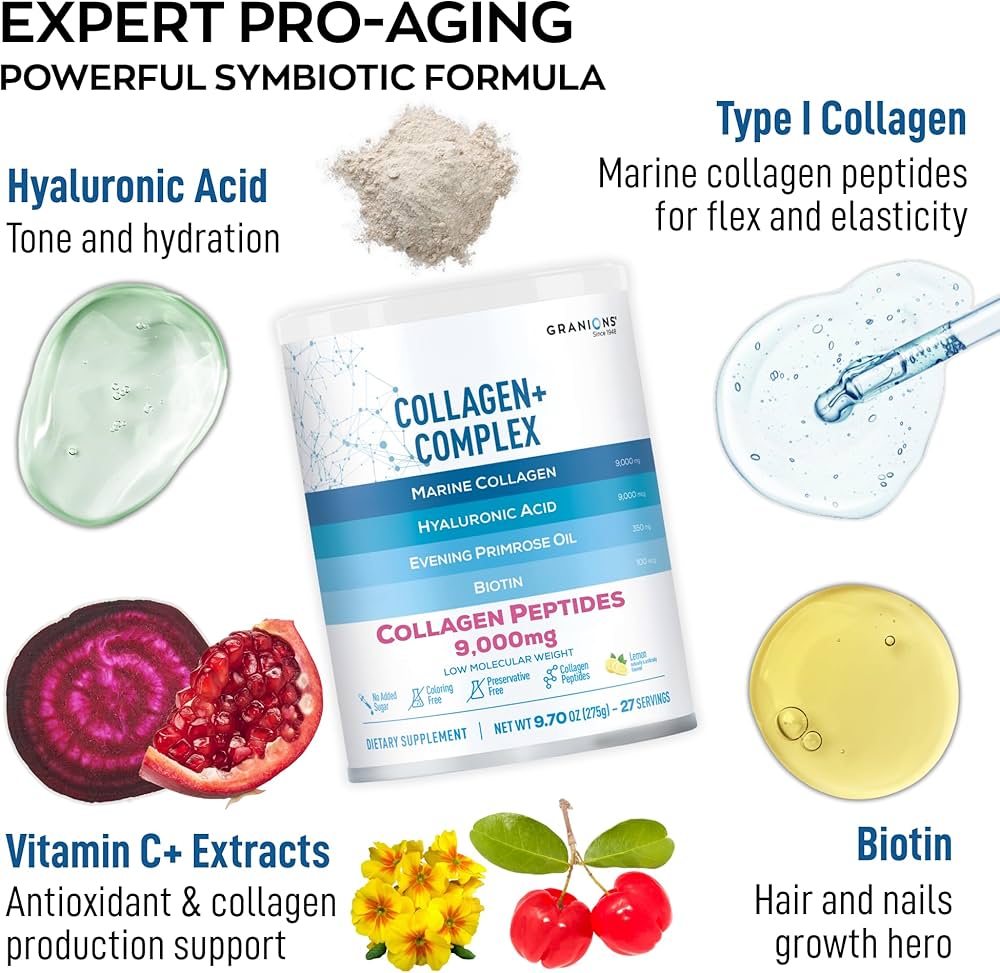 Granions Marine Collagen Powder | Type I Hydrolyzed Marine Collagen Peptides, Biotin, Hyaluronic Acid, Vitamin C, Evening Primrose Oil, Antioxidant Complex | Pink Lemonade, 275 grams