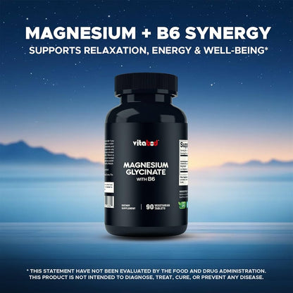 Vitabod Magnésium Glycinate + Vitamine B6|300mg de magnésium élémental, 90 gélules