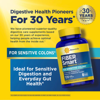 RenewLife Fiber Smart | avec Probiotiques, graines de lin, L Glutamine | 200 gélules